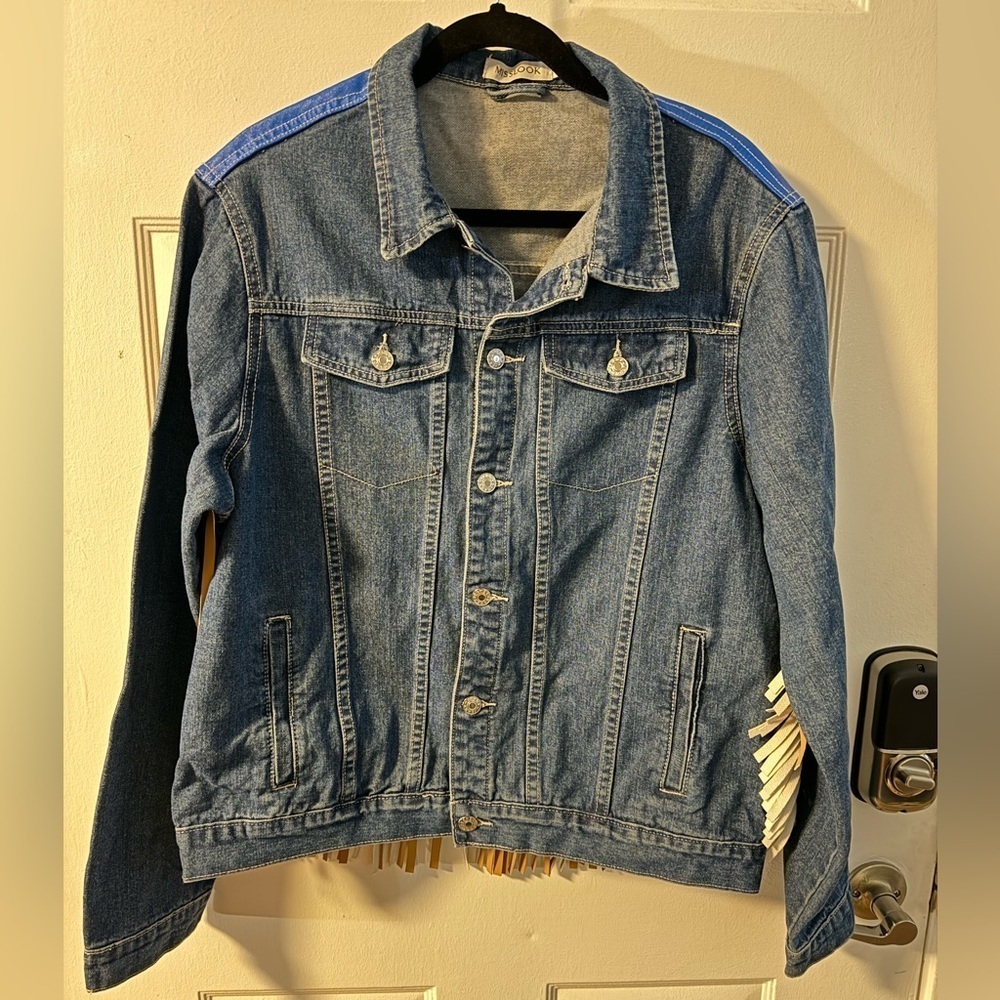 Thunderbird Native Print Jean Jacket Fringe Colorful Eagle Western Boho Indie - Picture 8 of 14